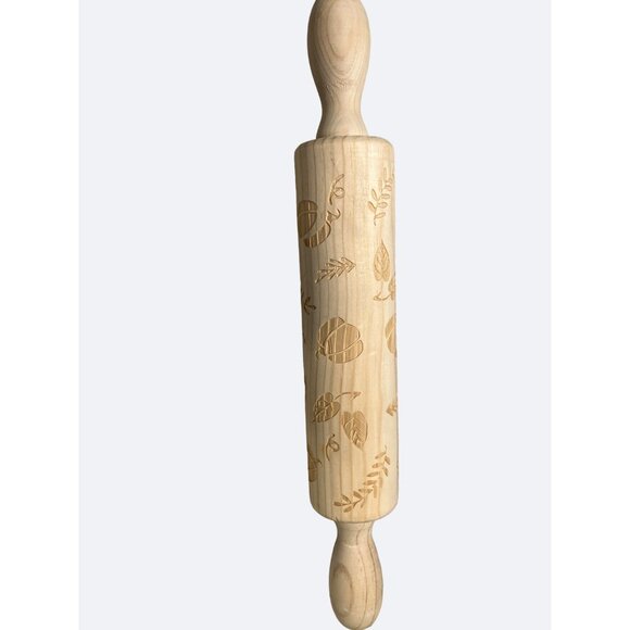 Wood Embossing Rolling Pin Dough Roller with Fall/ Autumn/ Thanksgiving Pattern - Picture 1 of 7